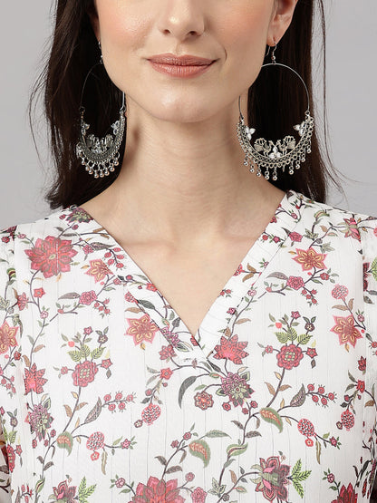 Janasya Women's Orange Chiffon Lurex Floral Printed Kaftan Casual Dress