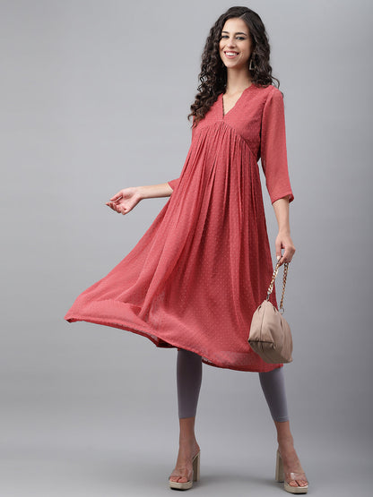 Janasya Women's Pink Dobby Chiffon Self Design Casual Empire Kurta