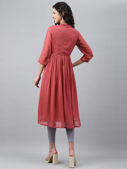 Janasya Women's Pink Dobby Chiffon Self Design Casual Empire Kurta