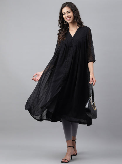 Janasya Women's Black Dobby Chiffon Self Design Festive Empire Kurta