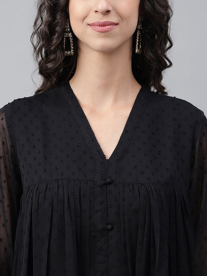 Janasya Women's Black Dobby Chiffon Self Design Festive Empire Kurta