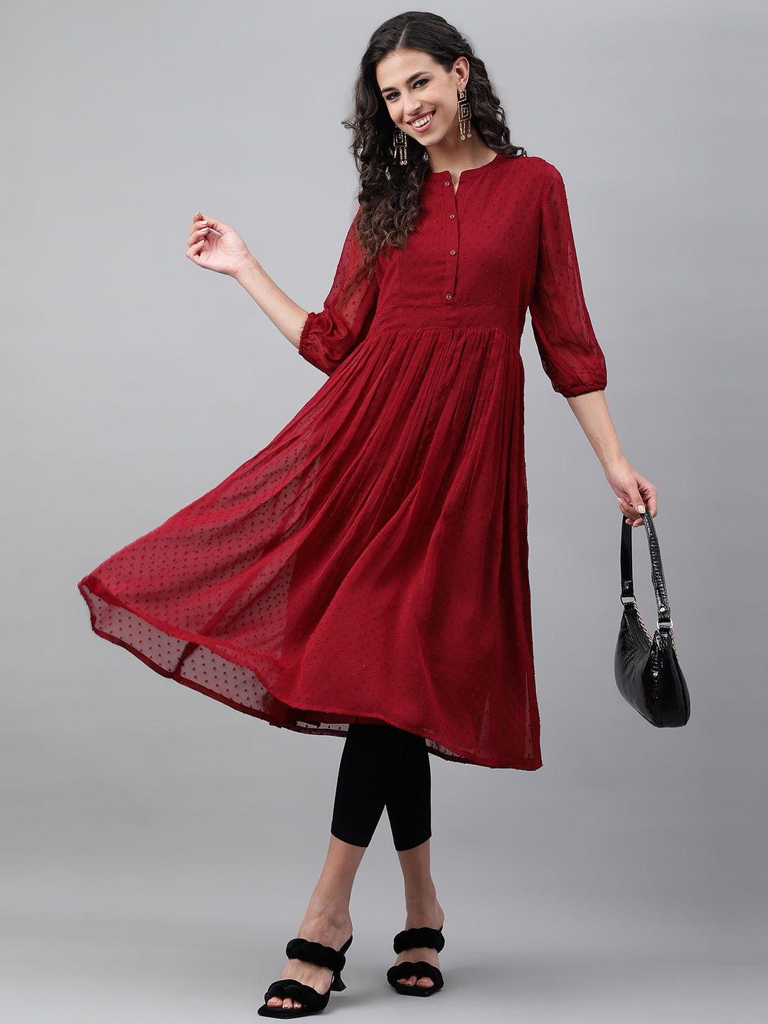 Janasya Women's Maroon Dobby Chiffon Self Design Casual Flared Kurta