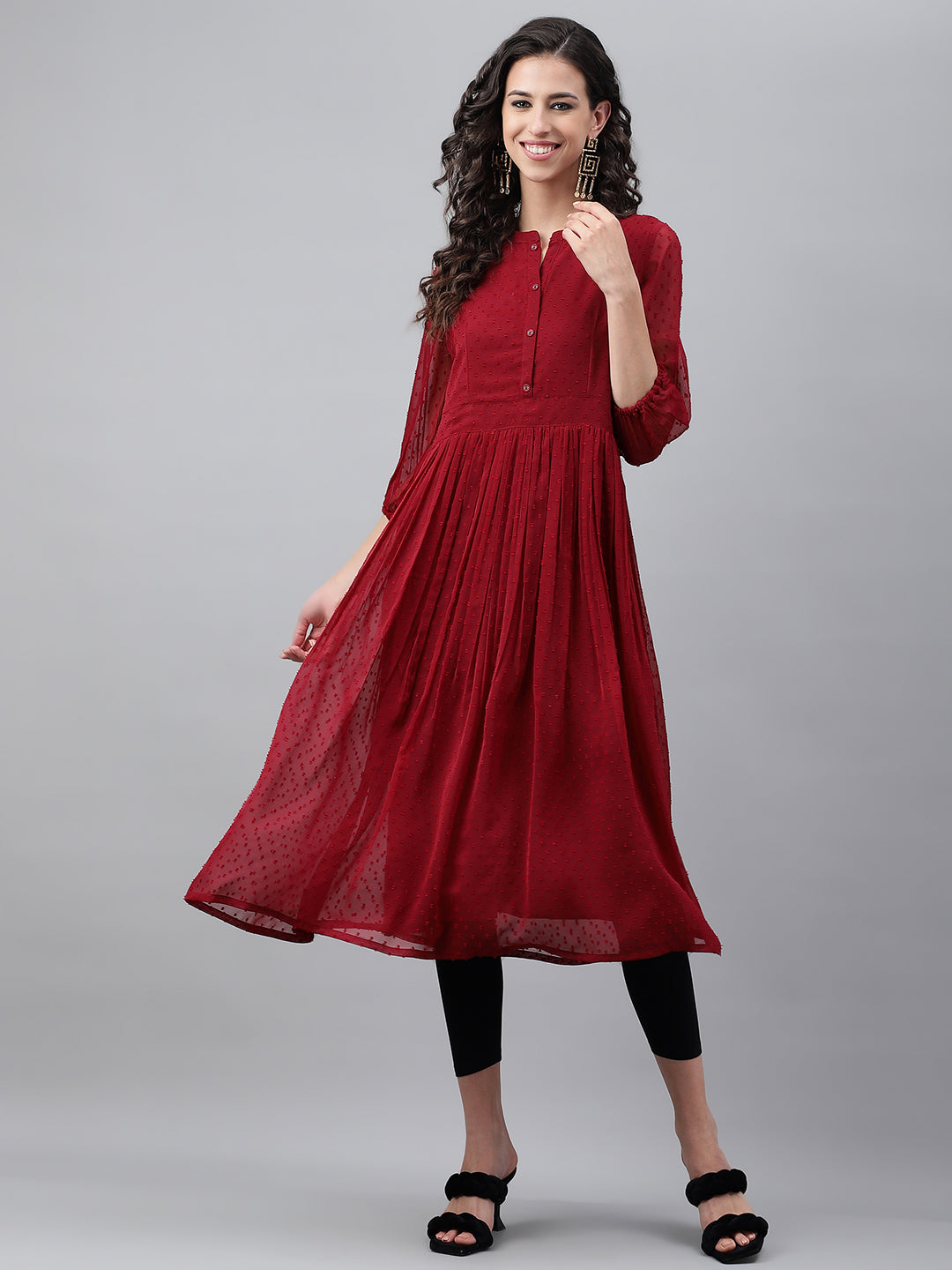 Janasya Women's Maroon Dobby Chiffon Self Design Casual Flared Kurta