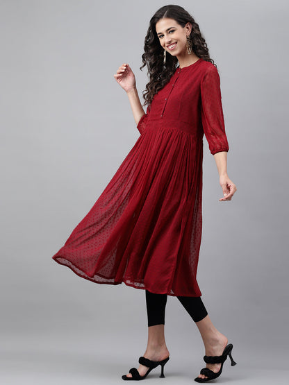 Janasya Women's Maroon Dobby Chiffon Self Design Casual Flared Kurta