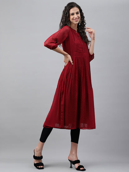 Janasya Women's Maroon Dobby Chiffon Self Design Casual Flared Kurta
