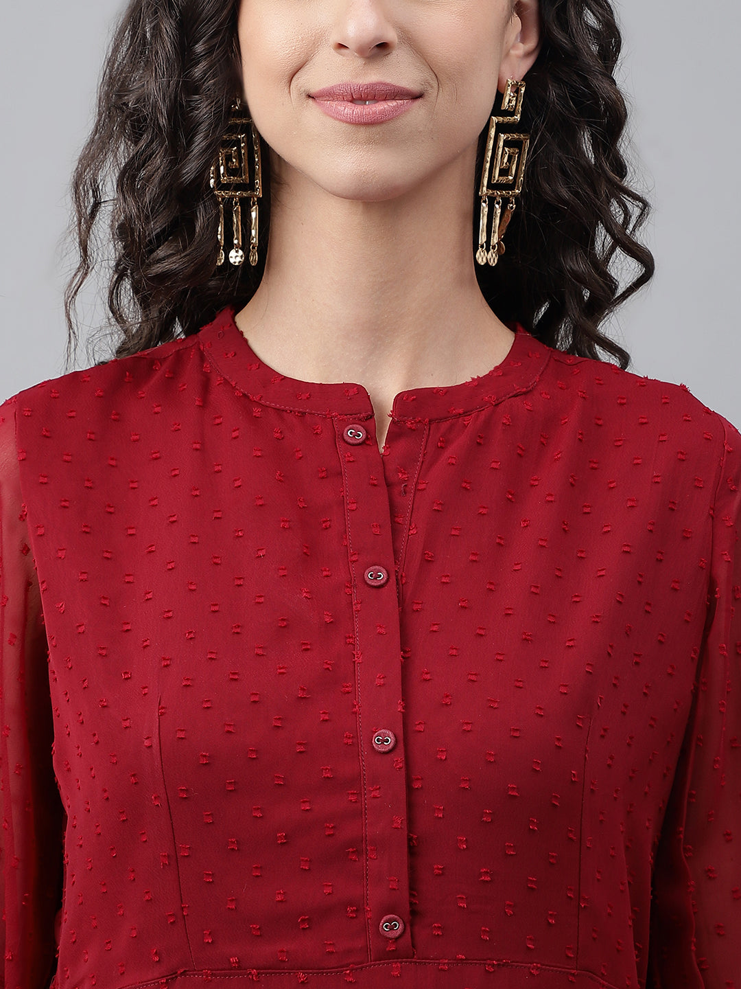 Janasya Women's Maroon Dobby Chiffon Self Design Casual Flared Kurta
