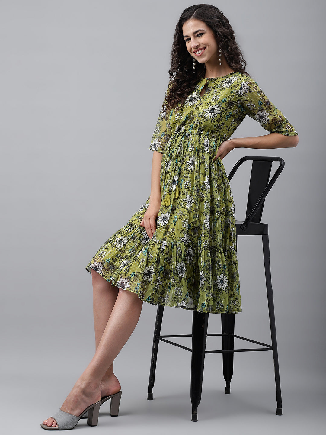 Janasya Women's Olive Green Chiffon Lurex Floral Printed Flared Casual Dress