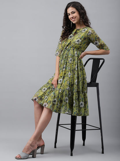 Janasya Women's Olive Green Chiffon Lurex Floral Printed Flared Casual Dress