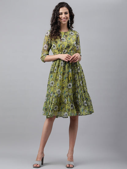 Janasya Women's Olive Green Chiffon Lurex Floral Printed Flared Casual Dress