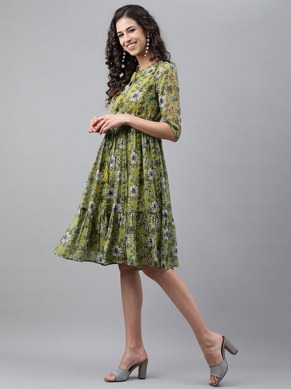 Janasya Women's Olive Green Chiffon Lurex Floral Printed Flared Casual Dress
