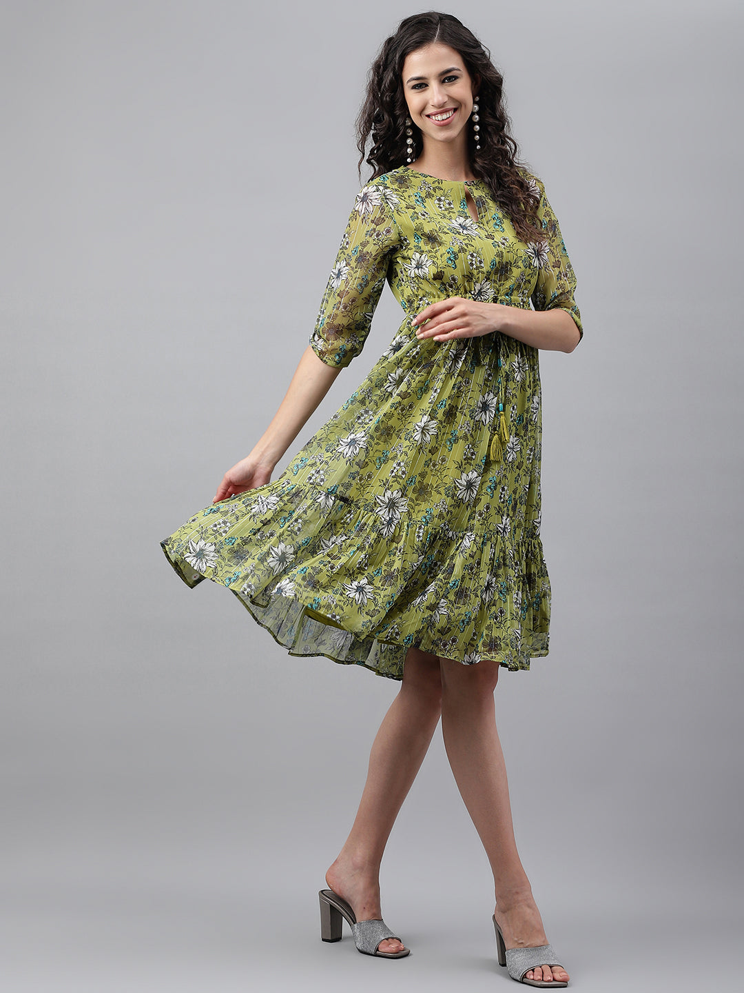 Janasya Women's Olive Green Chiffon Lurex Floral Printed Flared Casual Dress