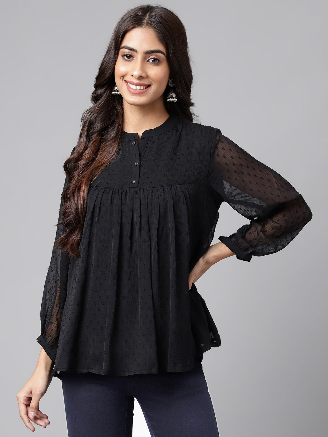 Janasya Women's Black Dobby Chiffon Solid Casual Empire Top