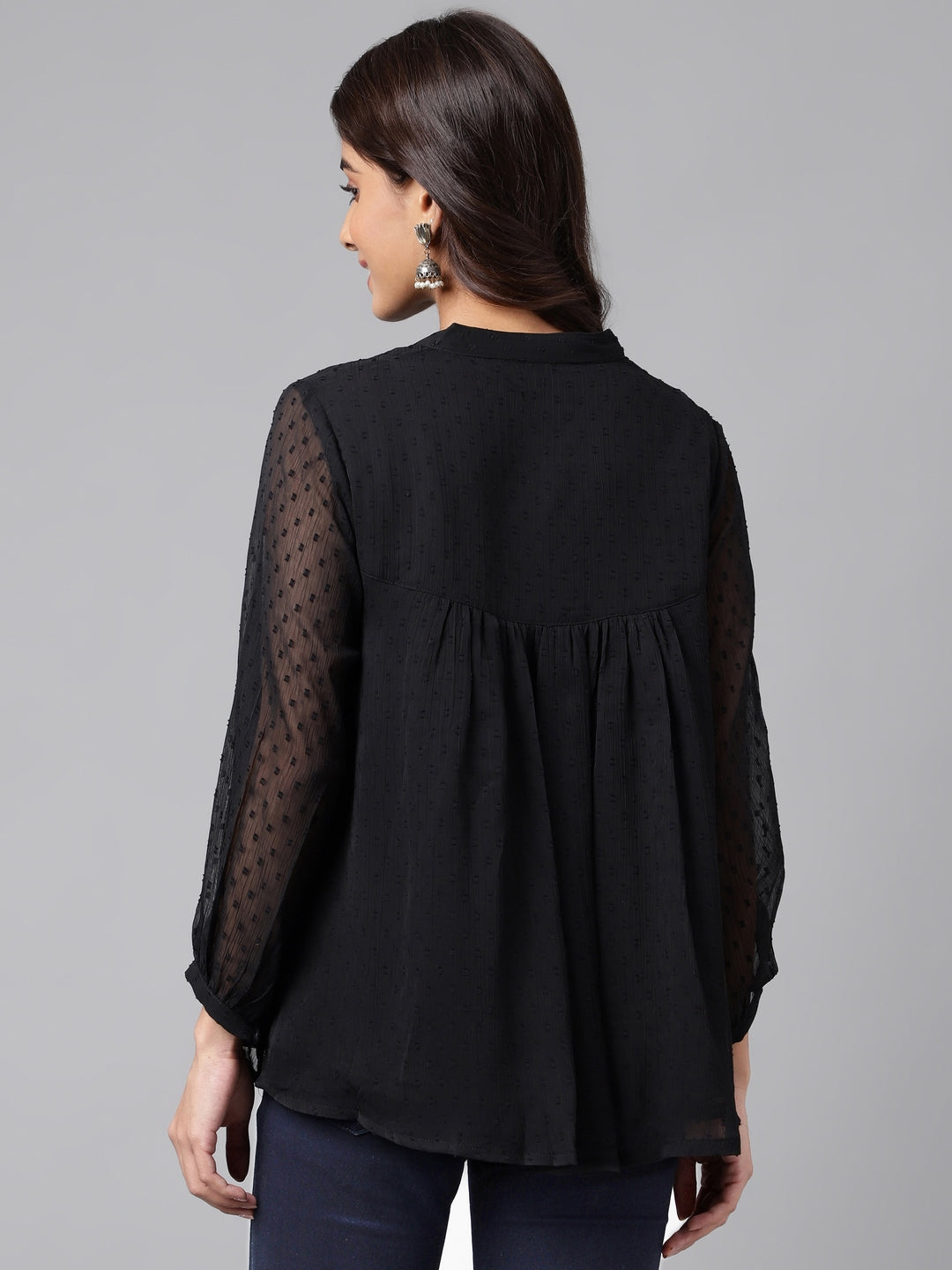 Janasya Women's Black Dobby Chiffon Solid Casual Empire Top