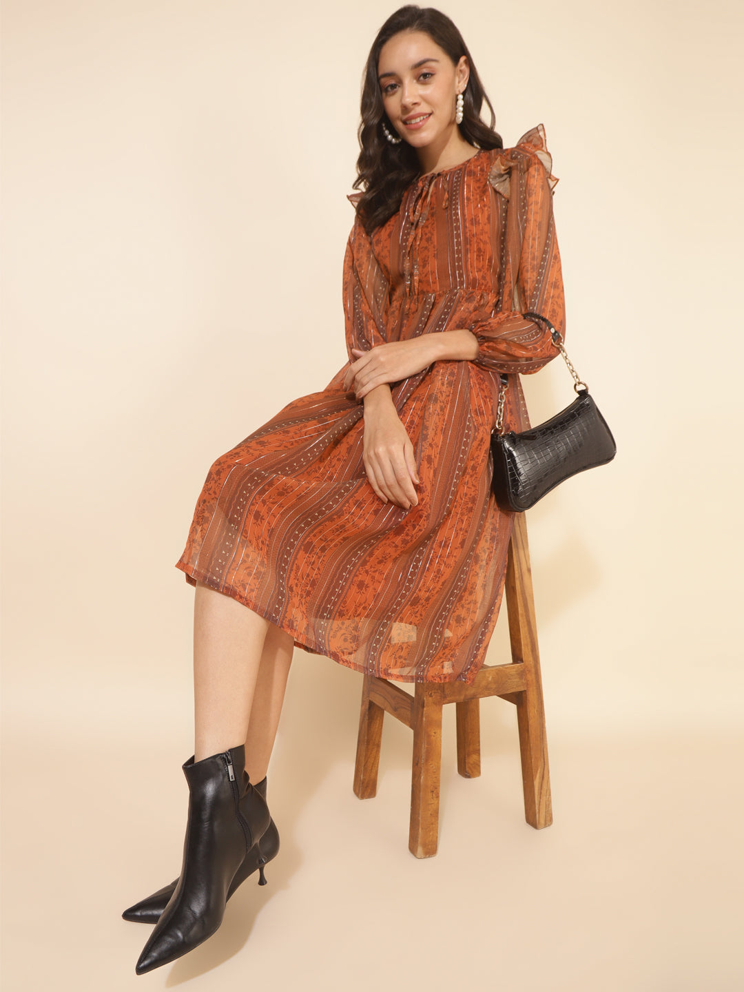 Janasya Women's Rust Chiffon Lurex Floral Printed Casual Dress