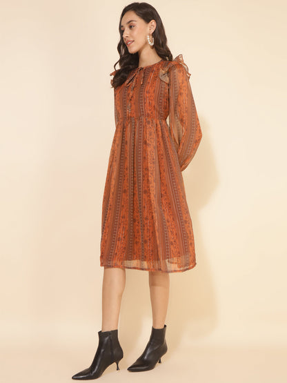 Janasya Women's Rust Chiffon Lurex Floral Printed Casual Dress
