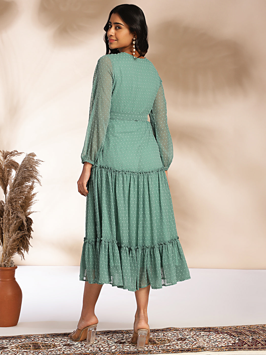 Janasya Sage Dobby Chiffon Solid Tiered Dress