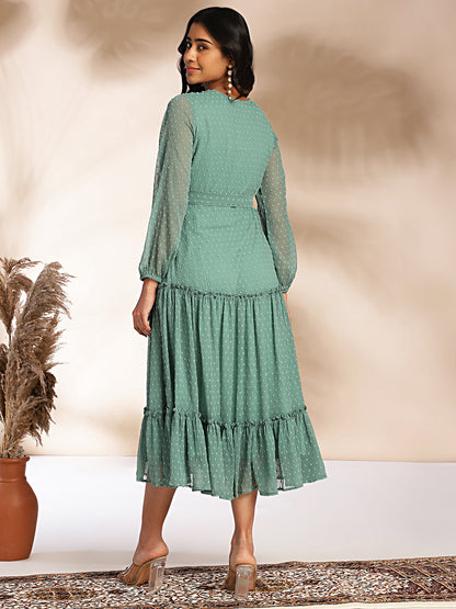 Janasya Sage Dobby Chiffon Solid Tiered Dress