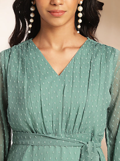 Janasya Sage Dobby Chiffon Solid Tiered Dress