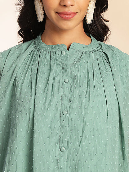 Janasya Sage Dobby Chiffon Woven Design Regular Top