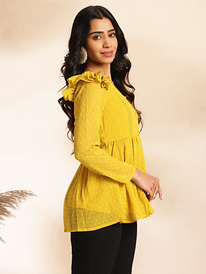 Janasya Mustard Dobby Chiffon Self Design Peplum Top
