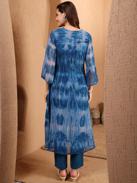 Sangria Women Georgette Tie & Dye and Embroidered A-line Flared Kurta