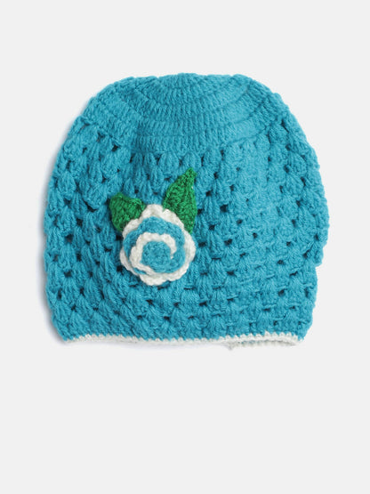 Chutput Kids Woollen Hand Knitted Flower Detailed Cap - Blue