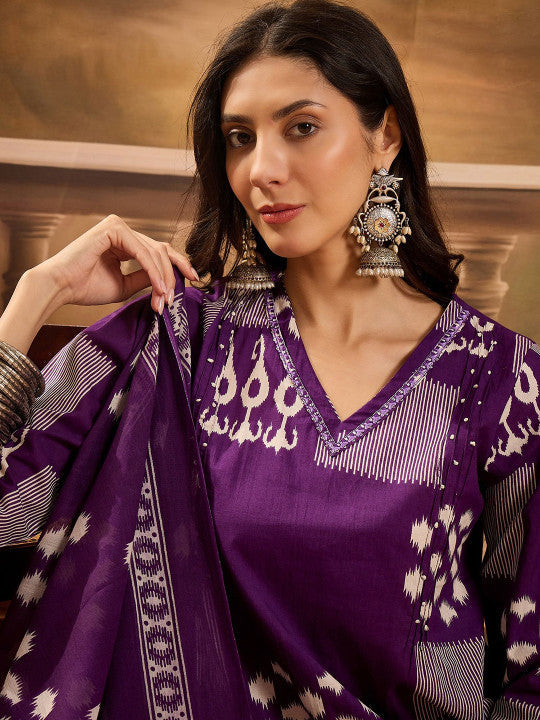 Sangria Geometric Printed V Neck Pure Cotton Straight Kurta With Trousers & Dupatta