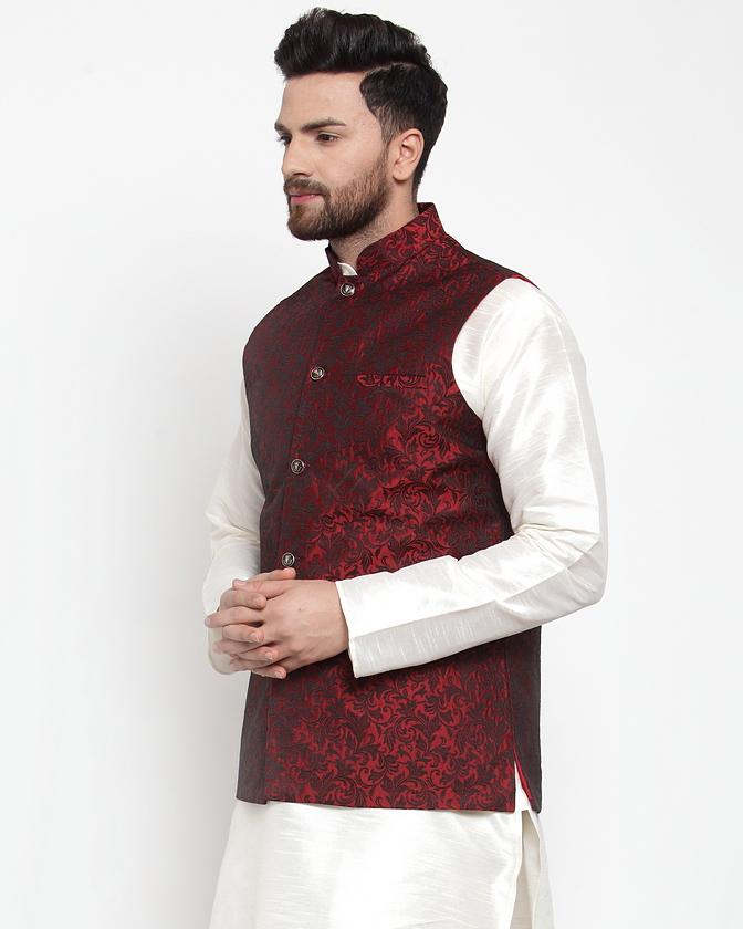 Jompers Men Maroon-Coloured & Black Woven Design Nehru Jacket