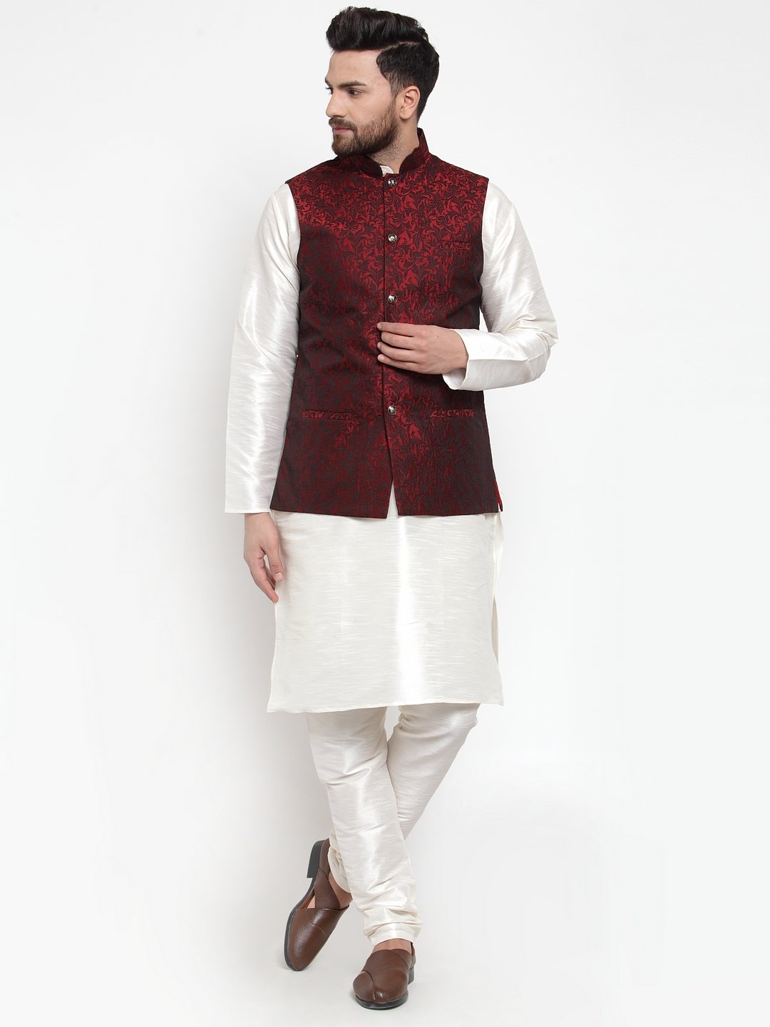 Jompers Men Maroon-Coloured & Black Woven Design Nehru Jacket