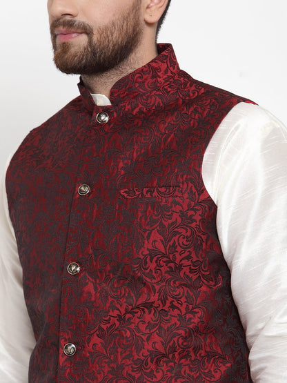 Jompers Men Maroon-Coloured & Black Woven Design Nehru Jacket