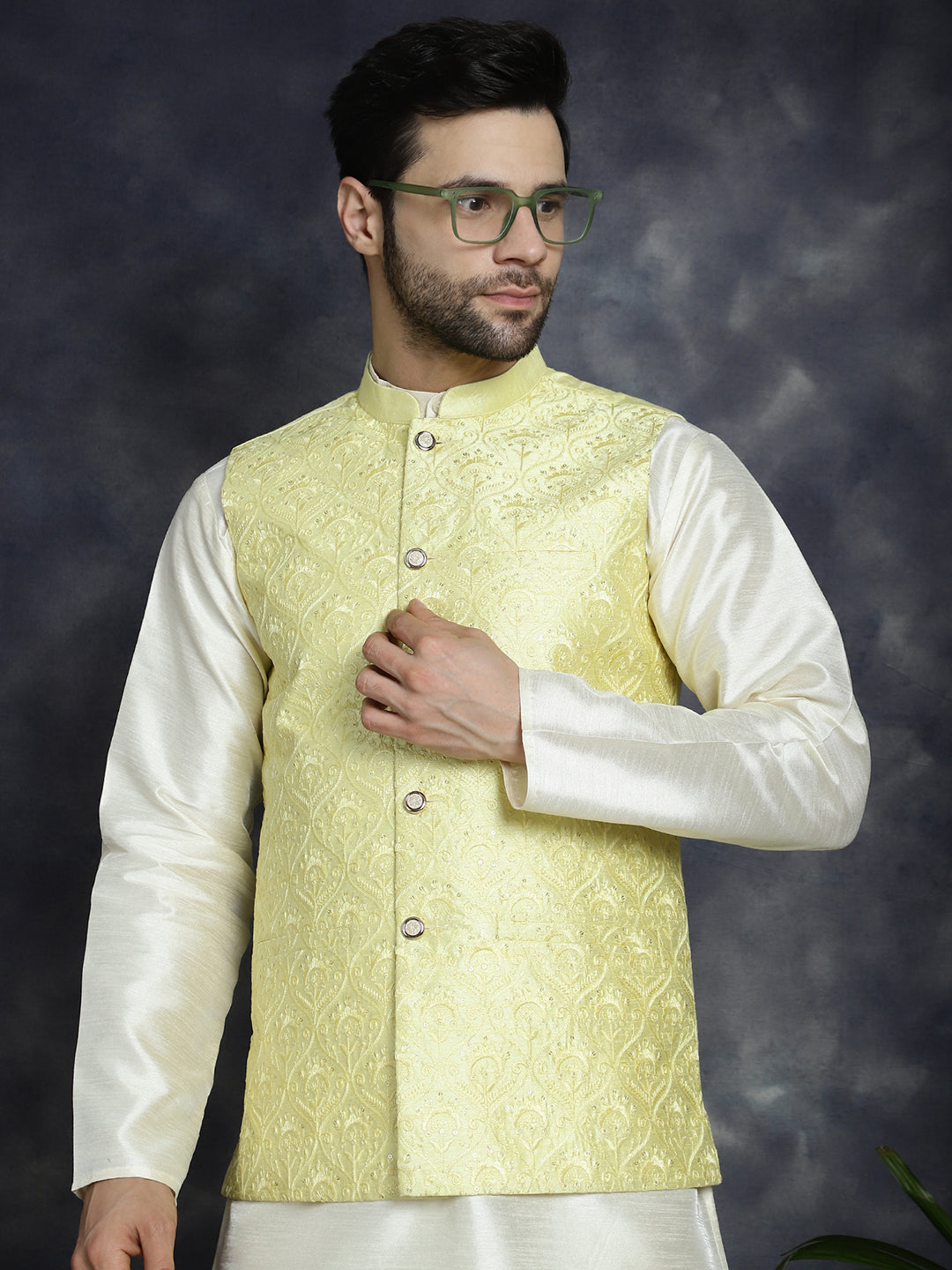 Jompers Men's Sequins and Embroidred Nehru Jacket With Solid Kurta Pyjama - Yellow