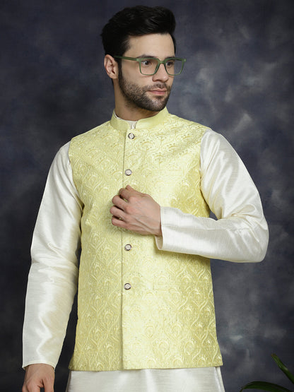 Jompers Men's Sequins and Embroidred Nehru Jacket With Solid Kurta Pyjama - Yellow