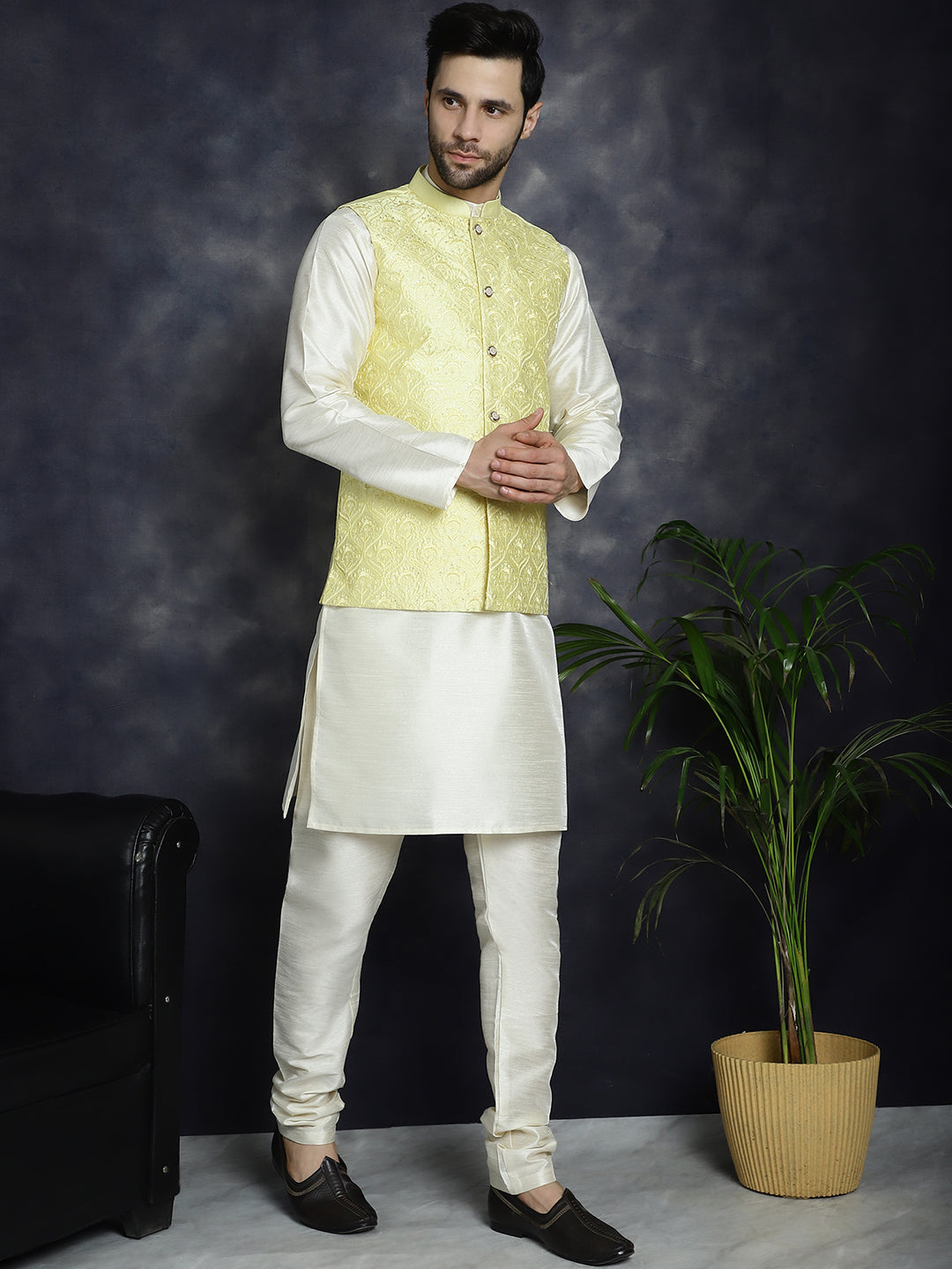 Jompers Men's Sequins and Embroidred Nehru Jacket With Solid Kurta Pyjama - Yellow