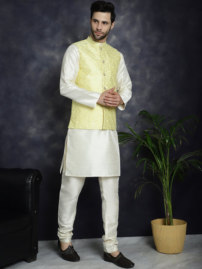 Jompers Men's Sequins and Embroidred Nehru Jacket With Solid Kurta Pyjama - Yellow