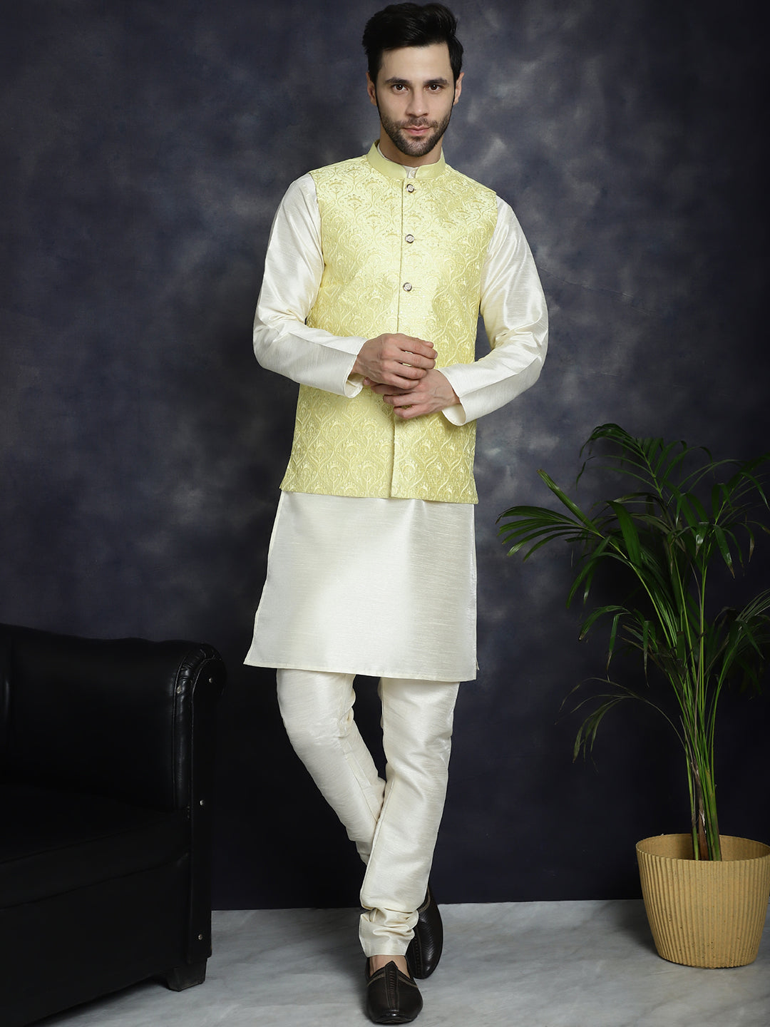 Jompers Men's Sequins and Embroidred Nehru Jacket With Solid Kurta Pyjama - Yellow