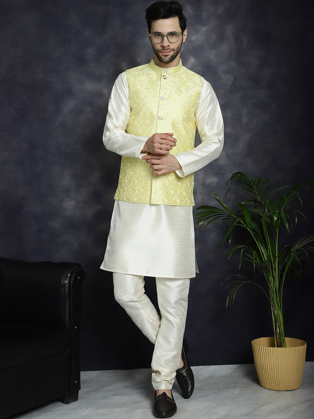 Jompers Men's Sequins and Embroidred Nehru Jacket With Solid Kurta Pyjama - Yellow