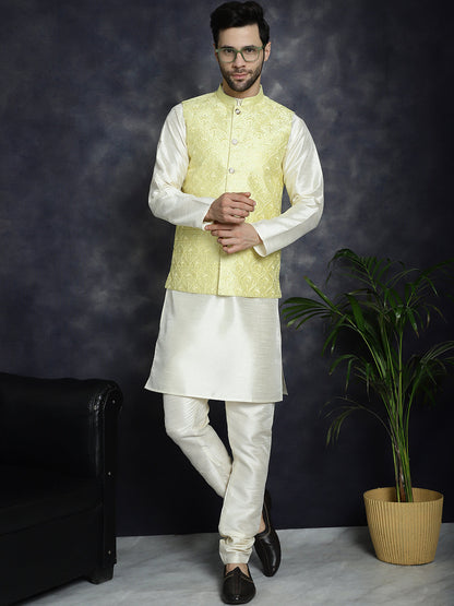 Jompers Men's Sequins and Embroidred Nehru Jacket With Solid Kurta Pyjama - Yellow