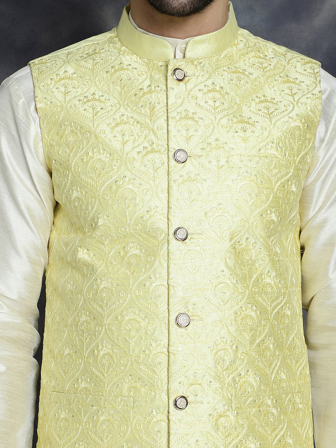 Jompers Men's Sequins and Embroidred Nehru Jacket With Solid Kurta Pyjama - Yellow