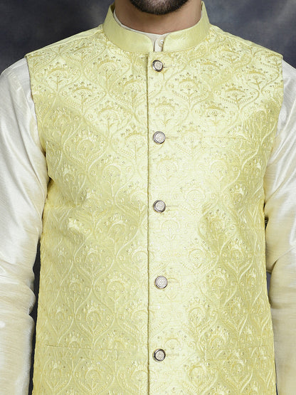 Jompers Men's Sequins and Embroidred Nehru Jacket With Solid Kurta Pyjama - Yellow