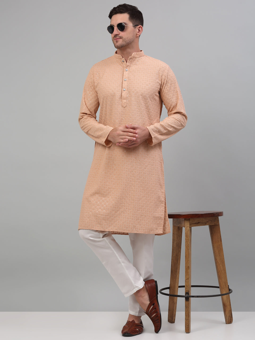 Jompers Men's Peach Chikankari Embroidered and Sequence Kurta with Pyjama
