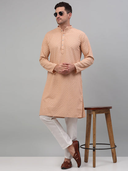 Jompers Men's Peach Chikankari Embroidered and Sequence Kurta with Pyjama