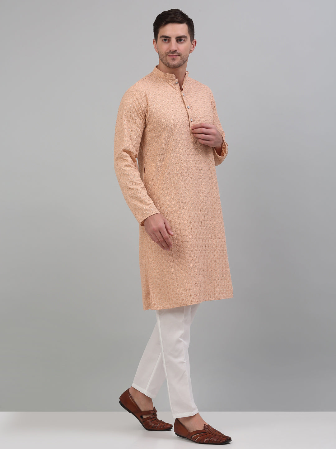Jompers Men's Peach Chikankari Embroidered and Sequence Kurta with Pyjama