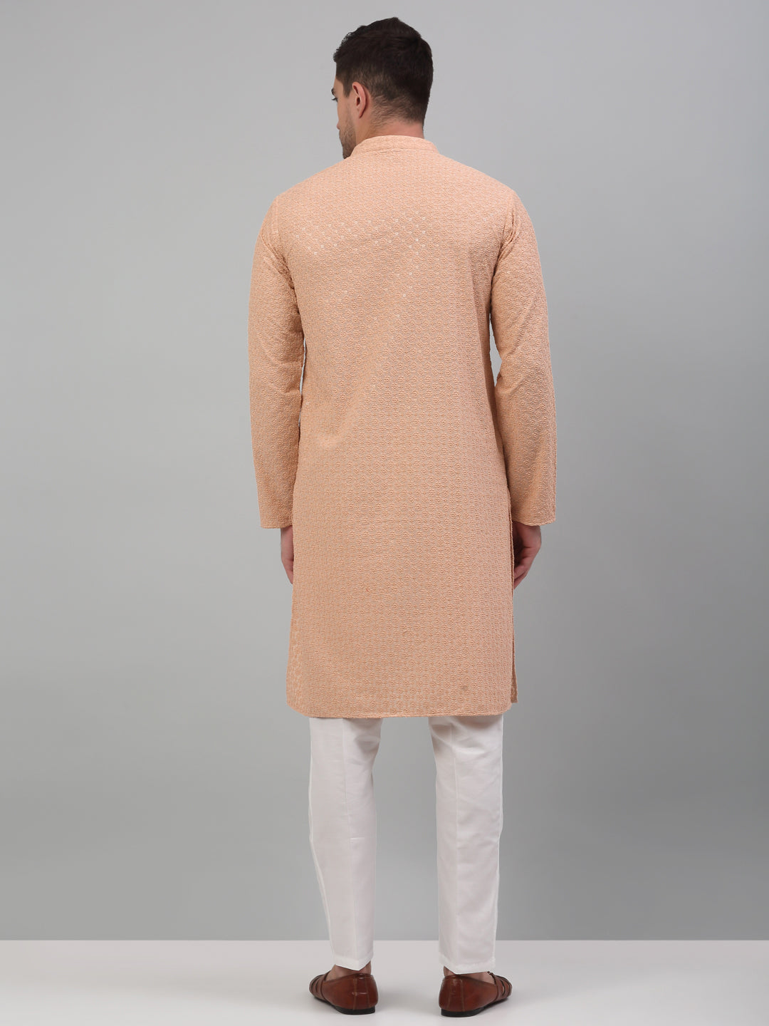 Jompers Men's Peach Chikankari Embroidered and Sequence Kurta with Pyjama