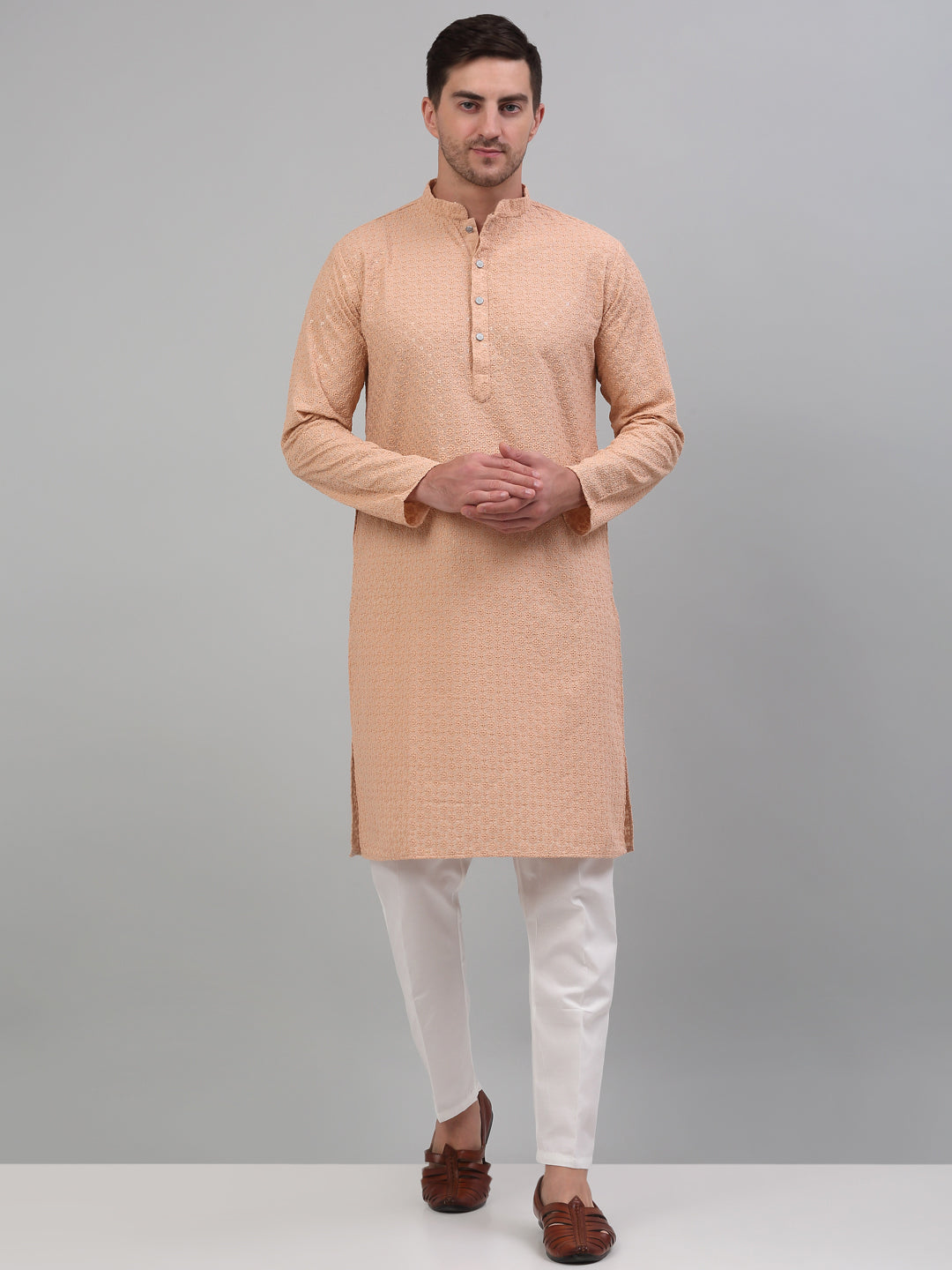 Jompers Men's Peach Chikankari Embroidered and Sequence Kurta with Pyjama