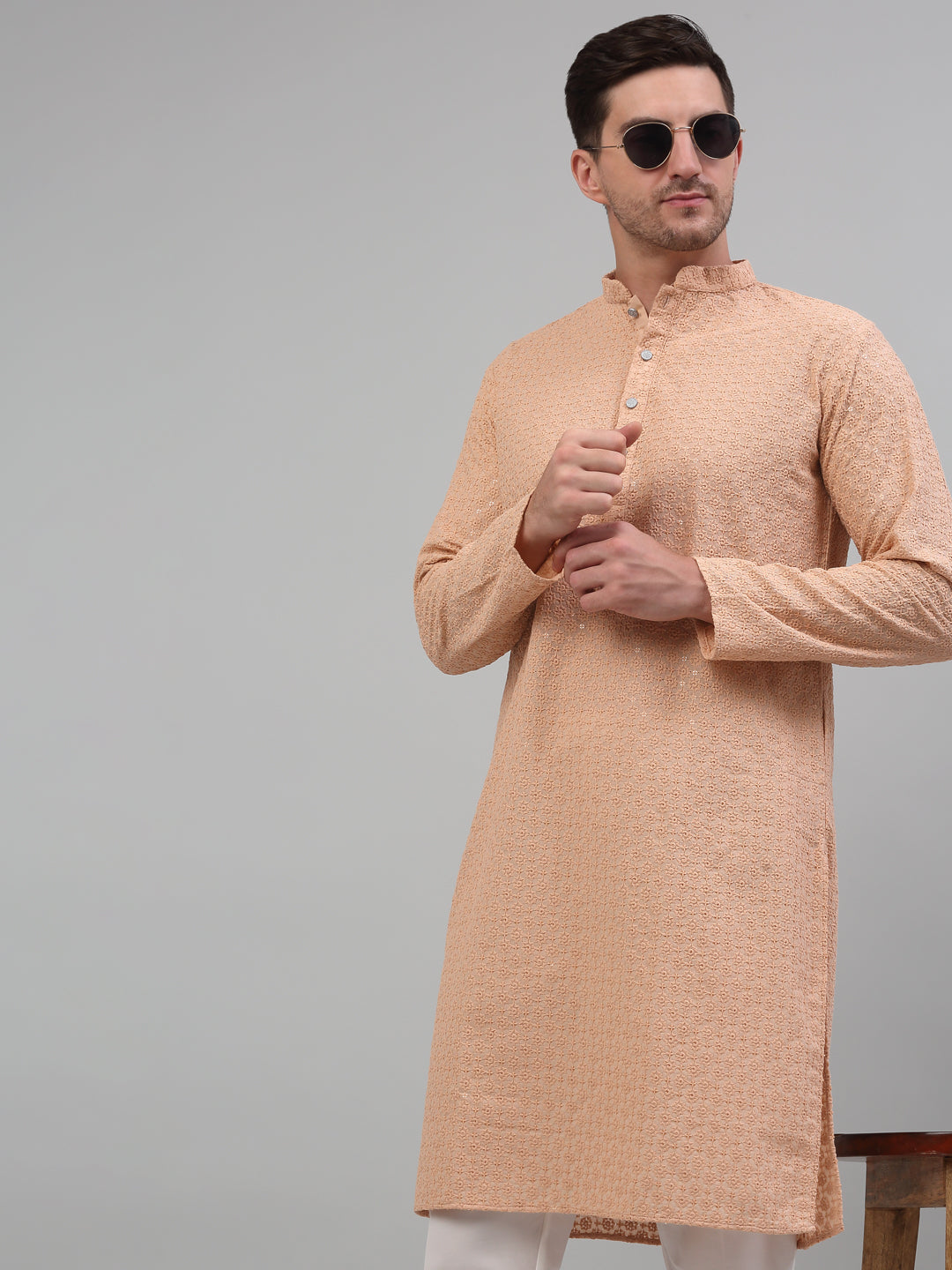 Jompers Men's Peach Chikankari Embroidered and Sequence Kurta with Pyjama