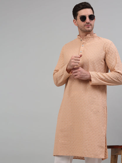 Jompers Men's Peach Chikankari Embroidered and Sequence Kurta with Pyjama