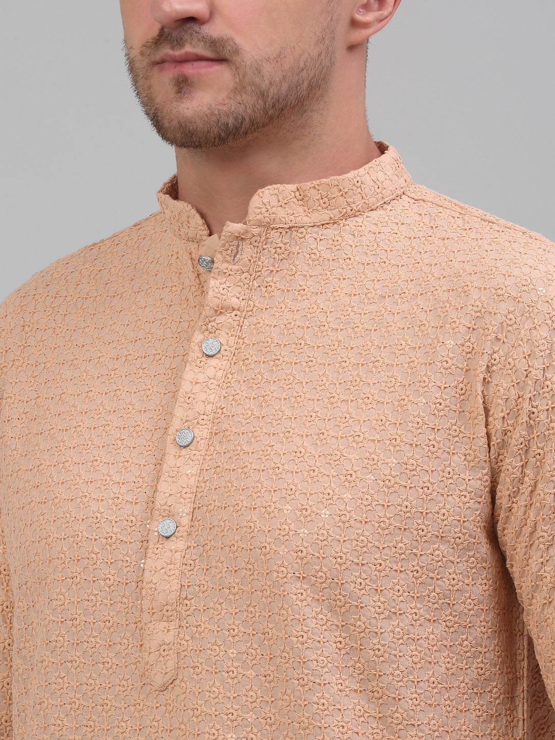 Jompers Men's Peach Chikankari Embroidered and Sequence Kurta with Pyjama