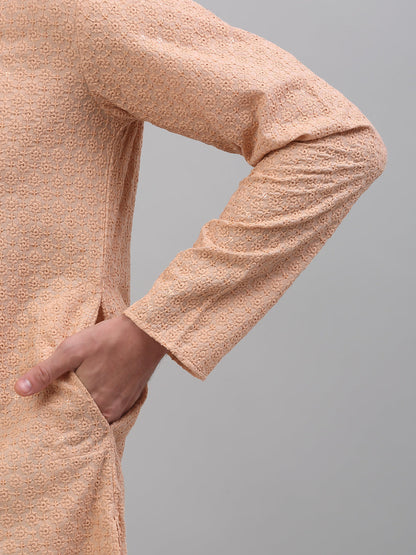 Jompers Men's Peach Chikankari Embroidered and Sequence Kurta with Pyjama