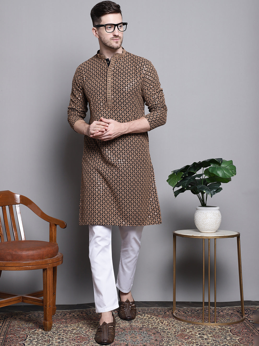 Jompers Men's Sequin Embroidered Pure Cotton Kurta with Pyjamas - Brown