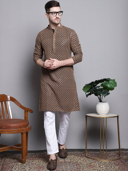 Jompers Men's Sequin Embroidered Pure Cotton Kurta with Pyjamas - Brown